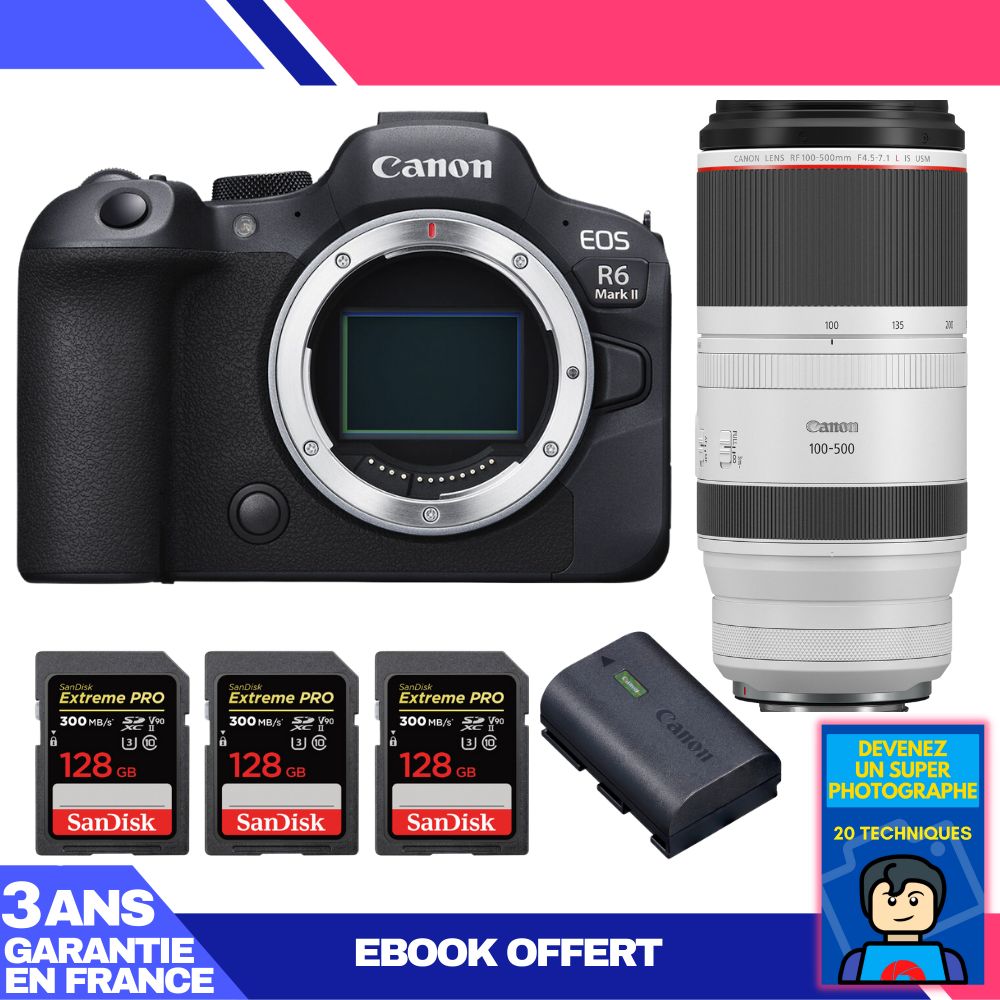Canon EOS R6 Mark II + RF 100-500mm f/4.5-7.1 L IS USM Lens + 3 SanDisk 128GB Extreme PRO UHS-II SDXC Cards + Canon LP-E6NH Battery + 'Become a Super Photographer' Ebook
