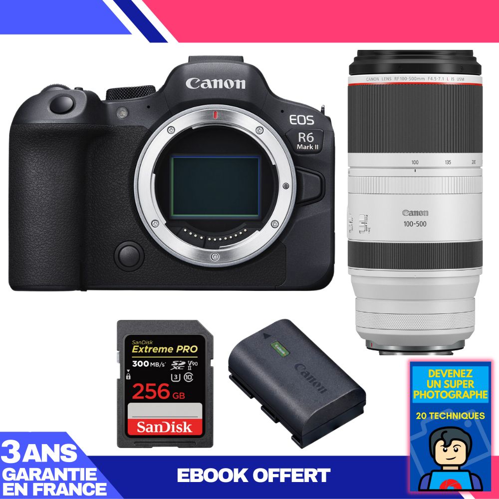 Canon EOS R6 Mark II + RF 100-500mm f/4.5-7.1 L IS USM Lens + 256GB SanDisk Extreme PRO UHS-II SDXC Card + Canon LP-E6NH Battery + 'Become a Super Photographer' Ebook
