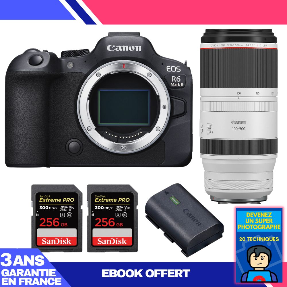 Canon EOS R6 Mark II + RF 100-500mm f/4.5-7.1 L IS USM Lens + 2 SanDisk 256GB Extreme PRO UHS-II SDXC Cards + Canon LP-E6NH Battery + 'Become a Super Photographer' Ebook