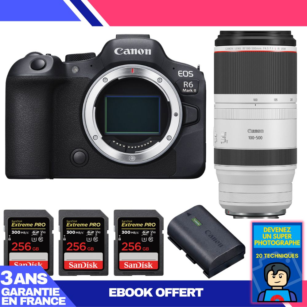 Canon EOS R6 Mark II + RF 100-500mm f/4.5-7.1 L IS USM Lens + 3 SanDisk 256GB Extreme PRO UHS-II SDXC Cards + Canon LP-E6NH Battery + 'Become a Super Photographer' Ebook