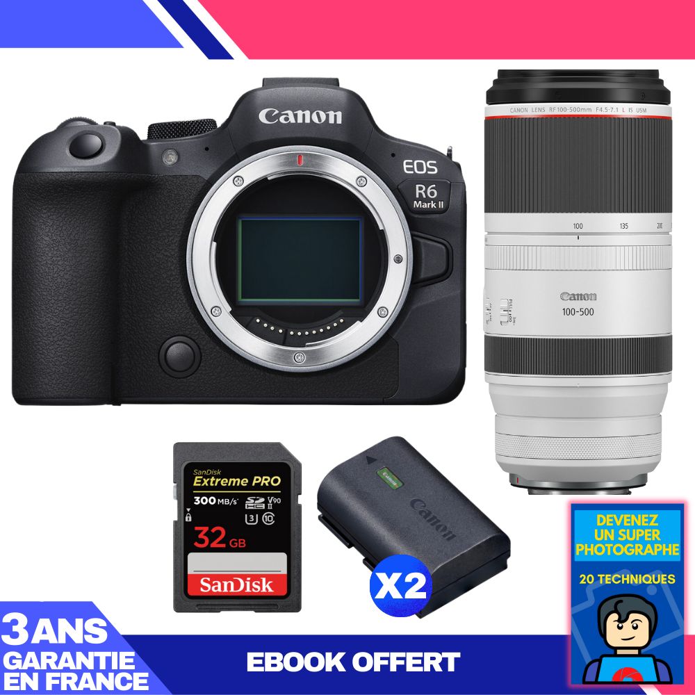 Canon EOS R6 Mark II + RF 100-500mm f/4.5-7.1L IS USM Lens + 1 SanDisk 32GB Extreme PRO UHS-II SDXC Card + 2 Canon LP-E6NH Batteries + 'Become a Super Photographer' Ebook