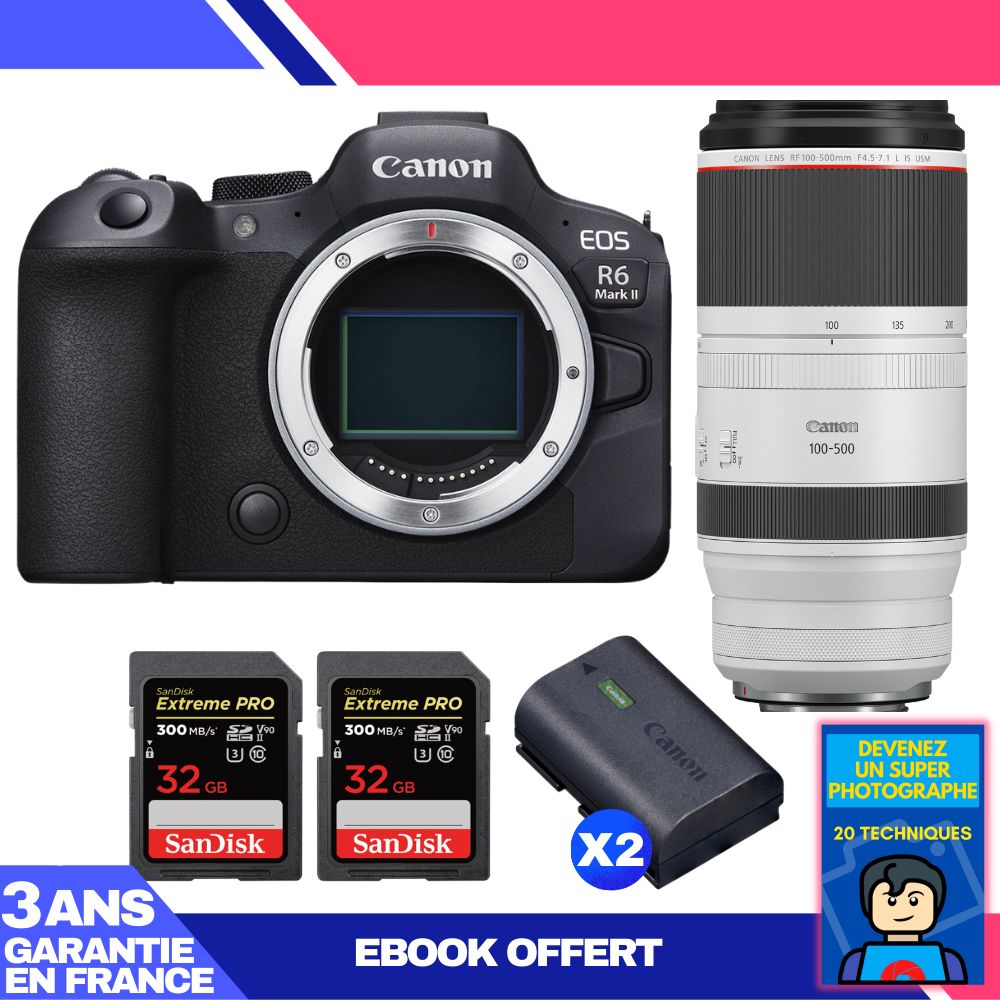 Canon EOS R6 Mark II + RF 100-500mm f/4.5-7.1 L IS USM Lens + 2 SanDisk 32GB Extreme PRO UHS-II SDXC Cards + 2 Canon LP-E6NH Batteries + 'Become a Super Photographer' Ebook