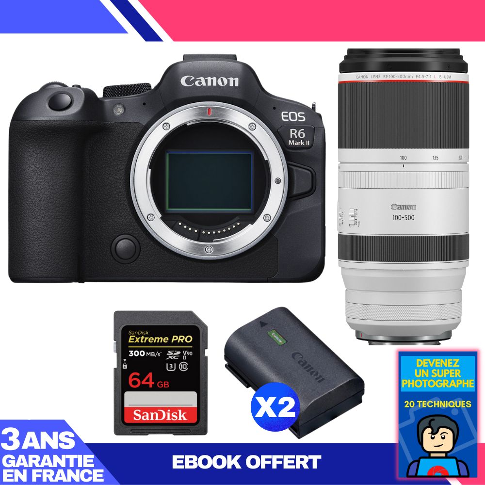 Canon EOS R6 Mark II + RF 100-500mm f/4.5-7.1 L IS USM Lens + 1 SanDisk 64GB Extreme PRO UHS-II SDXC Card + 2 Canon LP-E6NH Batteries + 'Become a Super Photographer' Ebook
