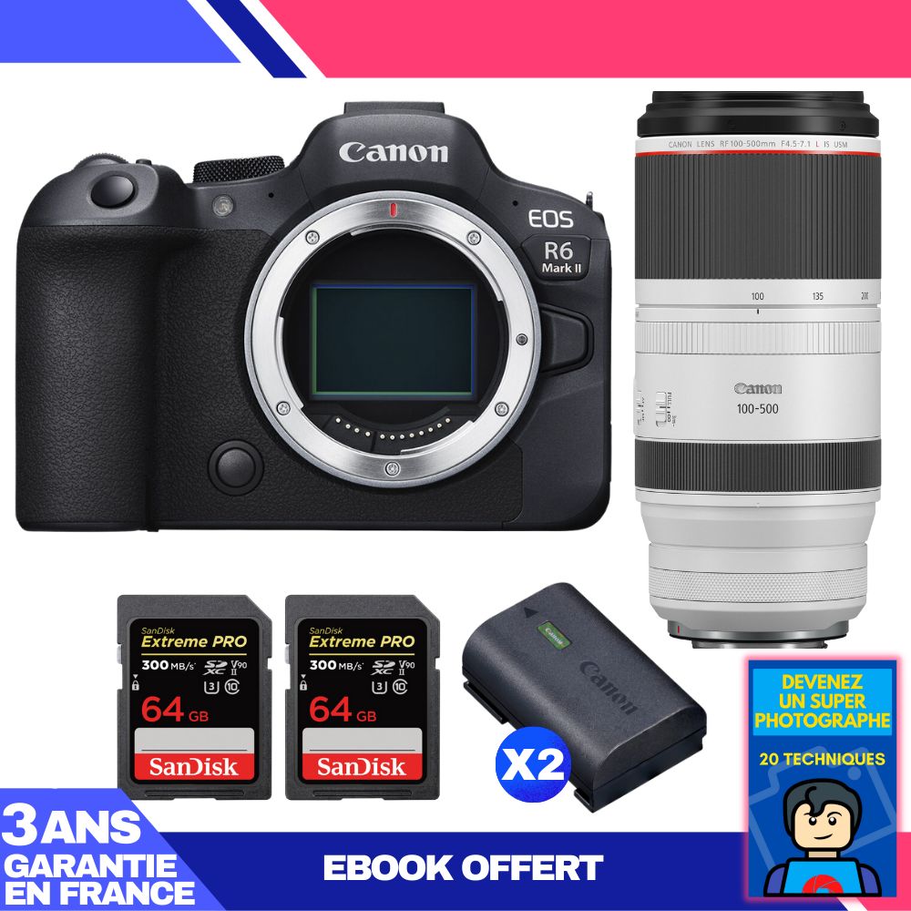 Canon EOS R6 Mark II + RF 100-500mm f/4.5-7.1 L IS USM Lens + 2 SanDisk 64GB Extreme PRO UHS-II SDXC Cards + 2 Canon LP-E6NH Batteries + 'Become a Super Photographer' Ebook