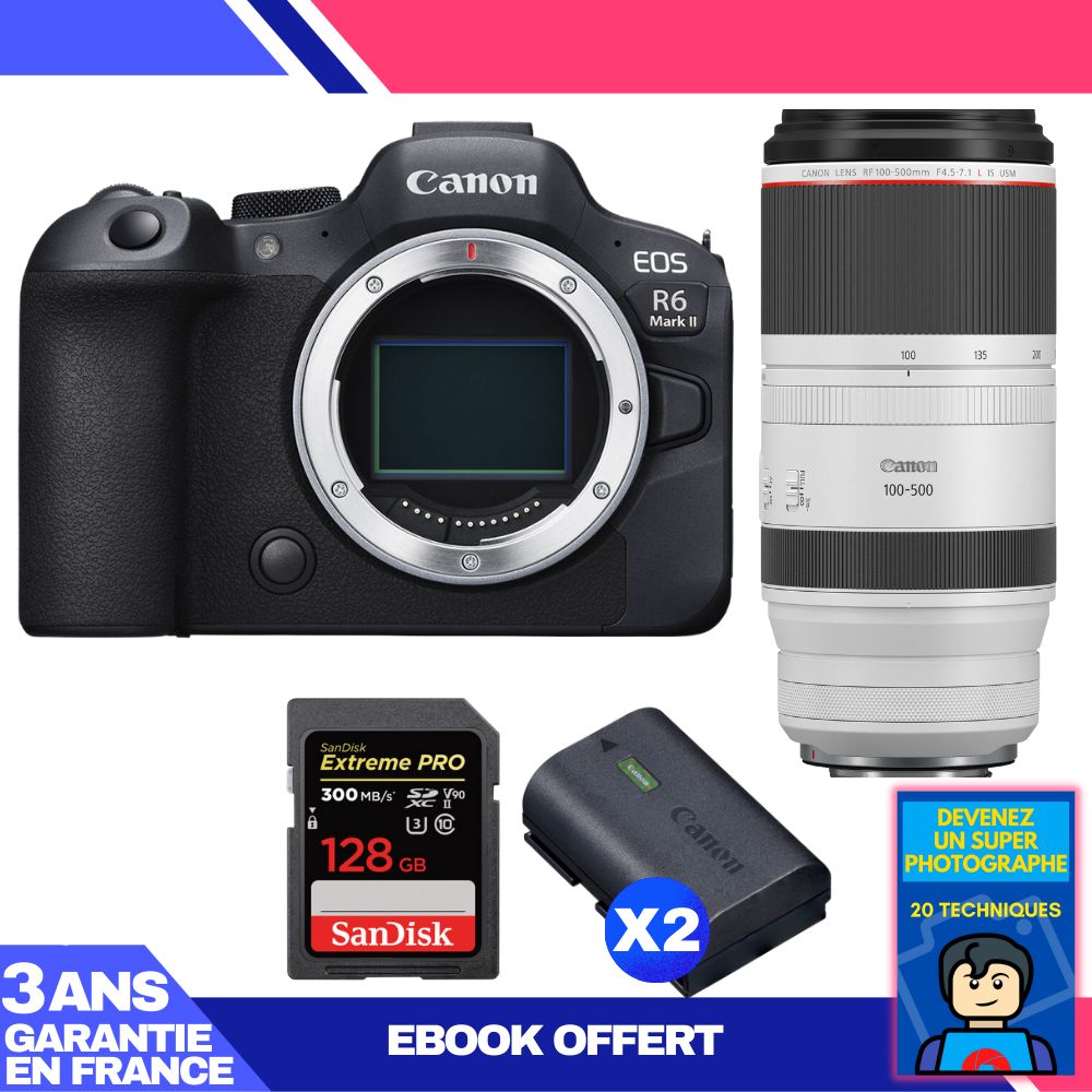 Canon EOS R6 Mark II + RF 100-500mm f/4.5-7.1 L IS USM Lens + 1 SanDisk 128GB Extreme PRO UHS-II SDXC Card + 2 Canon LP-E6NH Batteries + 'Become a Super Photographer' Ebook