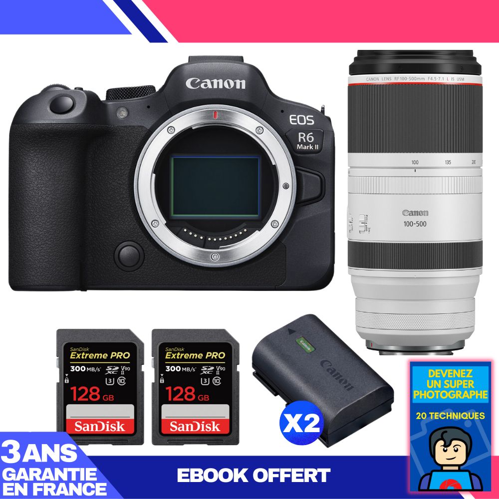 Canon EOS R6 Mark II + RF 100-500mm f/4.5-7.1 L IS USM Lens + 2 SanDisk 128GB Extreme PRO UHS-II SDXC Memory Cards + 2 Canon LP-E6NH Batteries + 'Become a Super Photographer' Ebook
