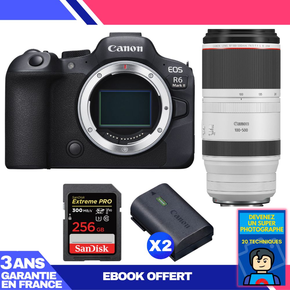 Canon EOS R6 Mark II + RF 100-500mm f/4.5-7.1 L IS USM Lens + 2x 256GB SanDisk Extreme PRO UHS-II SDXC Cards + 2x Canon LP-E6NH Batteries + 'Become a Super Photographer' Ebook