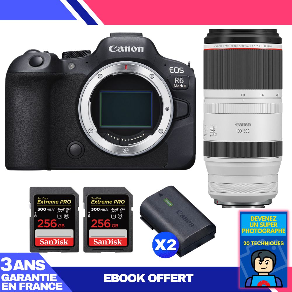 Canon EOS R6 Mark II + RF 100-500mm f/4.5-7.1 L IS USM Lens + 2 SanDisk 256GB Extreme PRO UHS-II SDXC Cards + 2 Canon LP-E6NH Batteries + 'Become a Super Photographer' Ebook