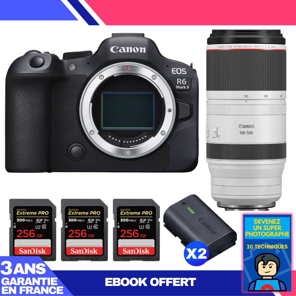 Canon EOS R6 Mark II Camera Kit with RF 100-500mm f/4.5-7.1 L IS USM Lens + 3 SanDisk 256GB Extreme PRO SD Cards + 2 Canon LP-E6NH Batteries + 'Become a Super Photographer' Ebook