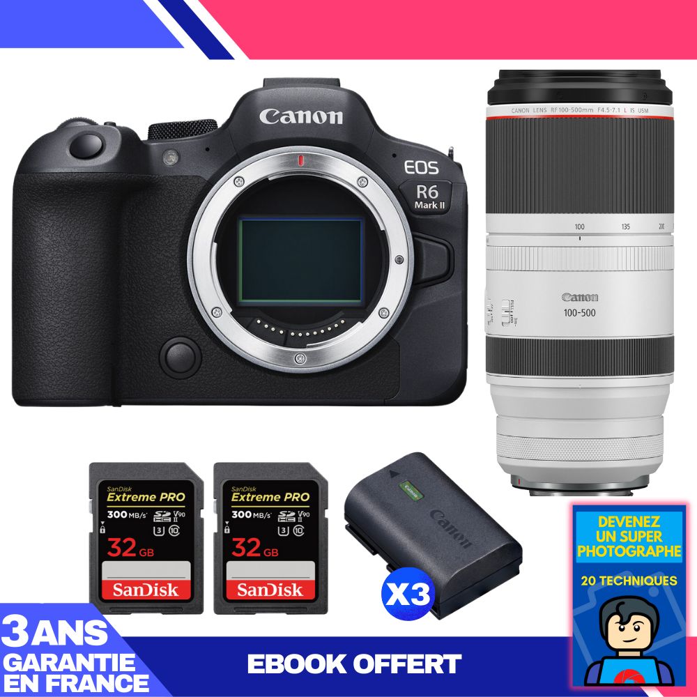 Canon EOS R6 Mark II + RF 100-500mm f/4.5-7.1 L IS USM Lens + 2 SanDisk 32GB Extreme PRO UHS-II SDXC Memory Cards + 3 Canon LP-E6NH Batteries + 'Become a Super Photographer' Ebook
