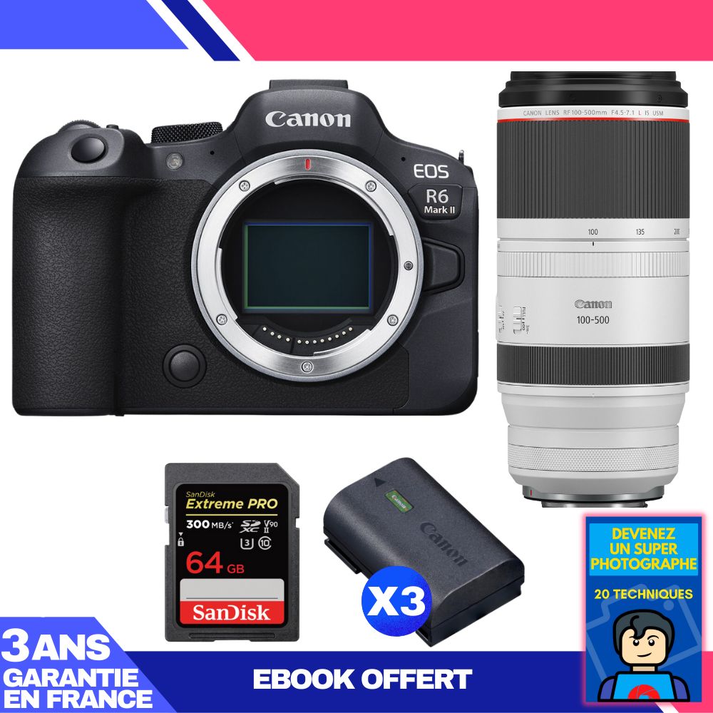 Canon EOS R6 Mark II + RF 100-500mm f/4.5-7.1 L IS USM Lens + 1 SanDisk 64GB Extreme PRO UHS-II SDXC Card + 3 Canon LP-E6NH Batteries + 'Become a Super Photographer' Ebook