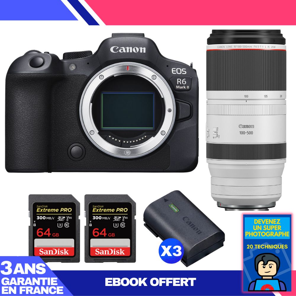 Canon EOS R6 Mark II + RF 100-500mm f/4.5-7.1L IS USM Lens + 2 SanDisk 64GB Extreme PRO UHS-II SDXC Cards + 3 Canon LP-E6NH Batteries + 'Become a Super Photographer' Ebook