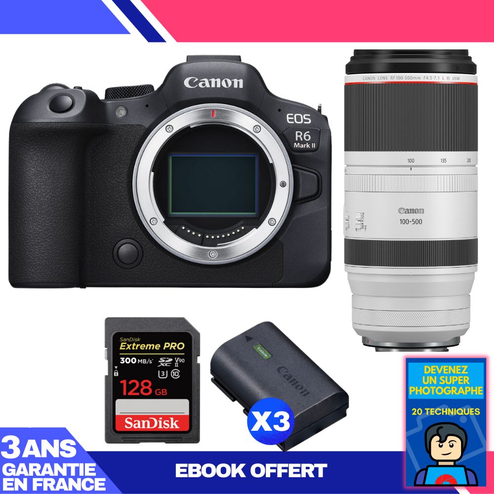 Canon EOS R6 Mark II + RF 100-500mm f/4.5-7.1 L IS USM Lens + 1 SanDisk 128GB Extreme PRO UHS-II SDXC Card + 3 Canon LP-E6NH Batteries + 'Become a Super Photographer' Ebook
