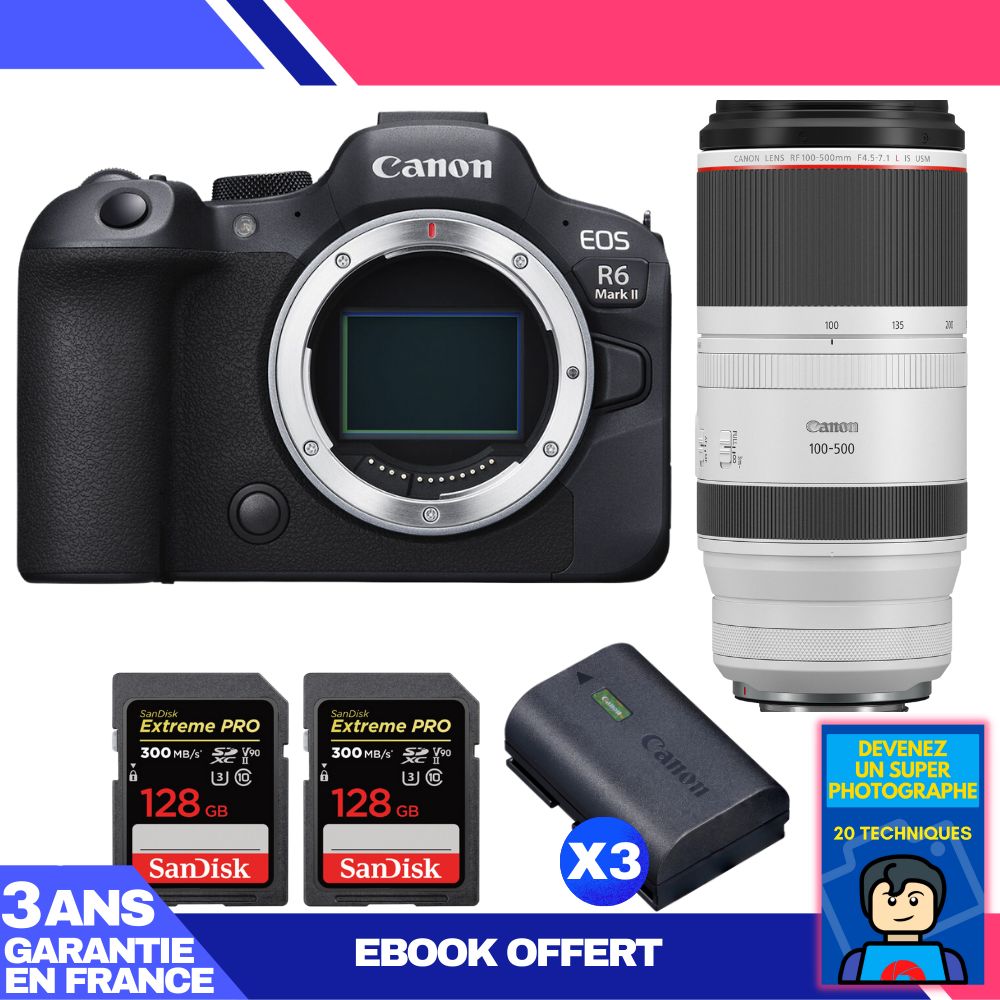 Canon EOS R6 Mark II + RF 100-500mm f/4.5-7.1 L IS USM Lens + 2 SanDisk 128GB Extreme PRO UHS-II SDXC Cards + 3 Canon LP-E6NH Batteries + 'Become a Super Photographer' Ebook