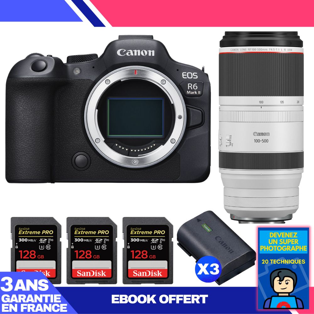 Canon EOS R6 Mark II + RF 100-500mm f/4.5-7.1 L IS USM Lens + 3 SanDisk 128GB Extreme PRO UHS-II SDXC Cards + 3 Canon LP-E6NH Batteries + 'Become a Super Photographer' Ebook