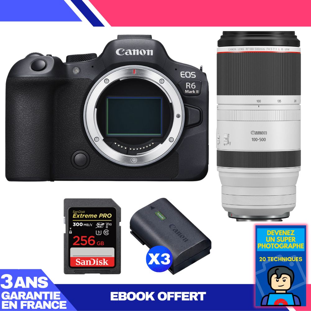 Canon EOS R6 Mark II + RF 100-500mm f/4.5-7.1 L IS USM Lens + 256GB SanDisk Extreme PRO UHS-II SDXC Card (300MB/s) + 3 Canon LP-E6NH Batteries + 'Become a Super Photographer' Ebook
