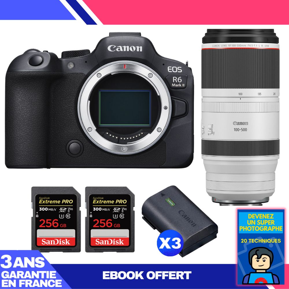 Canon EOS R6 Mark II + RF 100-500mm f/4.5-7.1 L IS USM Lens + 2 SanDisk 256GB Extreme PRO UHS-II SDXC Cards + 3 Canon LP-E6NH Batteries + 'Become a Super Photographer' Ebook