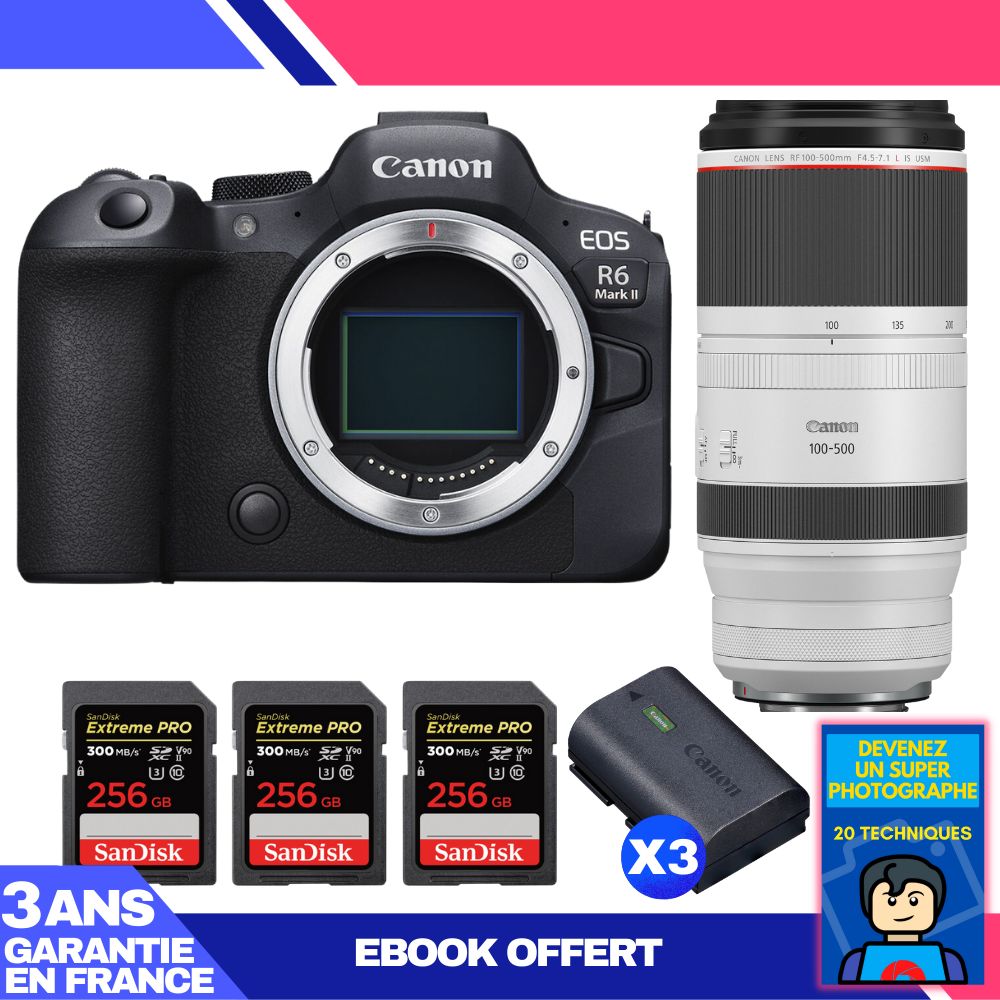 Canon EOS R6 Mark II + RF 100-500mm f/4.5-7.1 L IS USM Lens + 3 SanDisk 256GB Extreme PRO UHS-II SDXC Cards + 3 Canon LP-E6NH Batteries + 'Become a Super Photographer' Ebook