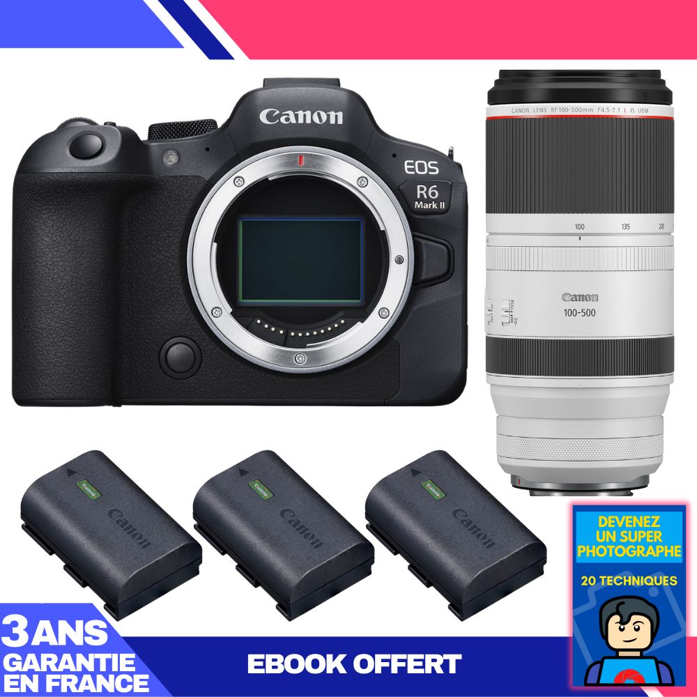 Canon EOS R6 Mark II + RF 100-500mm f/4.5-7.1 L IS USM Lens + 3 Canon LP-E6NH Batteries + 'Become a Super Photographer' Ebook