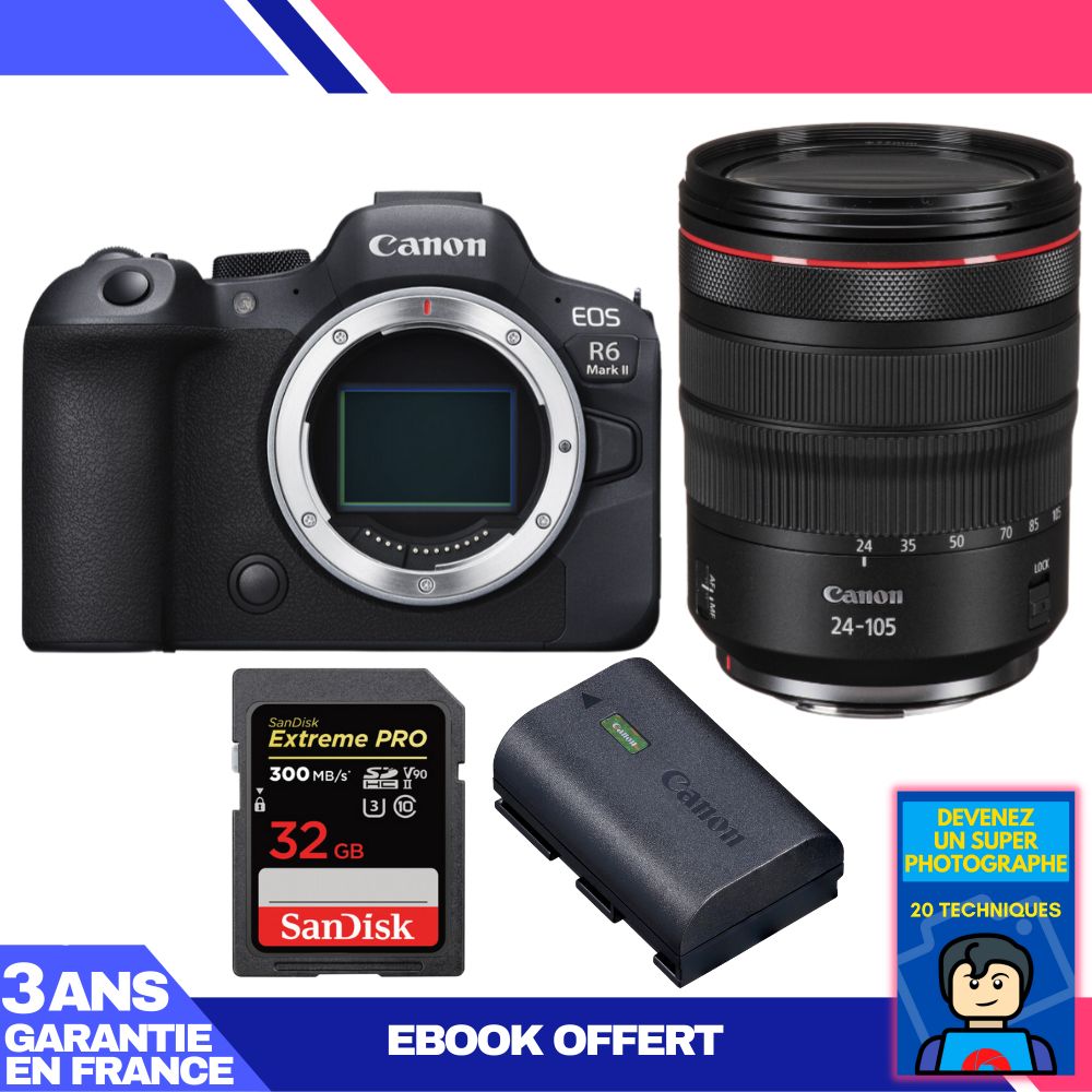 Canon EOS R6 Mark II + RF 24-105mm f/4 L IS USM Lens + 2x 32GB SanDisk Extreme PRO UHS-II SDXC Memory Cards + Canon LP-E6NH Battery + 'Become a Super Photographer' Ebook