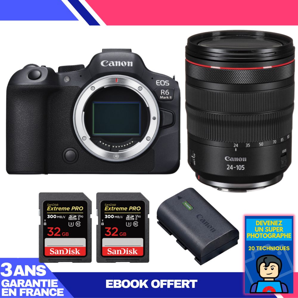 Canon EOS R6 Mark II Camera Kit with RF 24-105mm f/4 L IS USM Lens + 2x 32GB SanDisk Extreme PRO UHS-II SDXC Memory Cards + Canon LP-E6NH Battery + Ebook: Become a Super Photographer