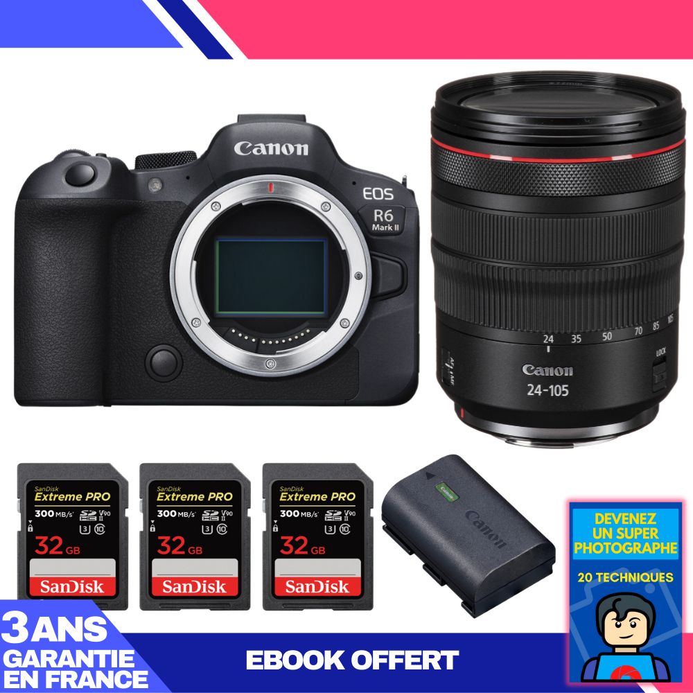 Canon EOS R6 Mark II + RF 24-105mm f/4 L IS USM + 3 SanDisk 32GB Extreme PRO UHS-II SDXC + Canon LP-E6NH + Ebook 'Devenez Un Super Photographe