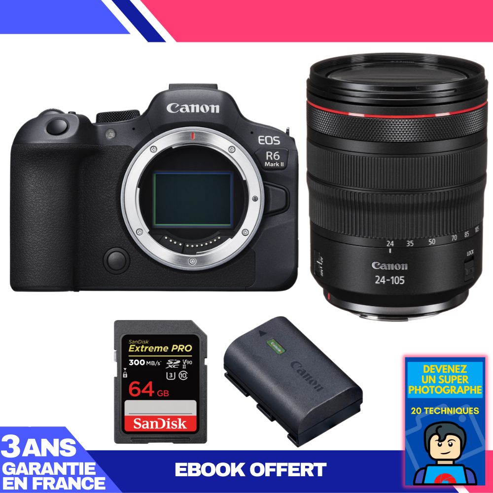 Canon EOS R6 Mark II + RF 24-105mm f/4 L IS USM + 1 SanDisk 64GB Extreme PRO UHS-II SDXC 300MB/s + 1 Canon LP-E6NH