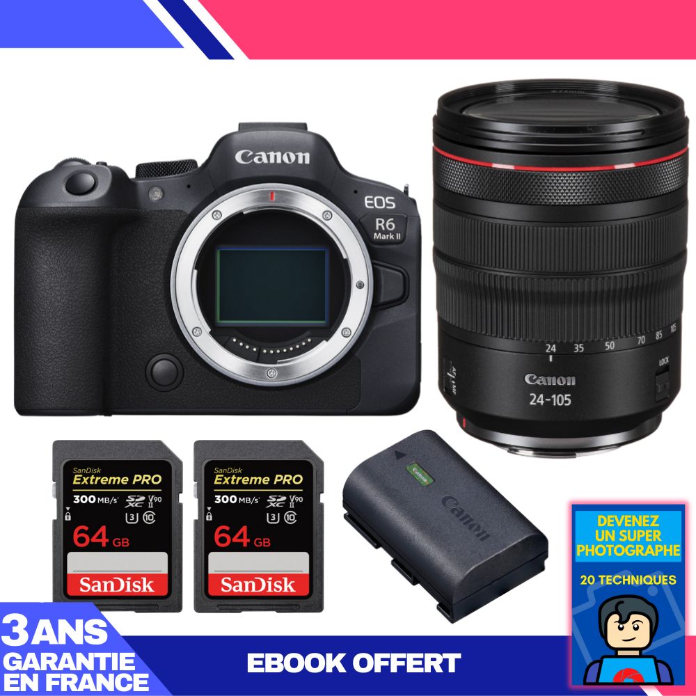 Canon EOS R6 Mark II + RF 24-105mm f/4 L IS USM Lens + 2 SanDisk 64GB Extreme PRO UHS-II SDXC Cards + Canon LP-E6NH Battery + 'Become a Super Photographer' Ebook