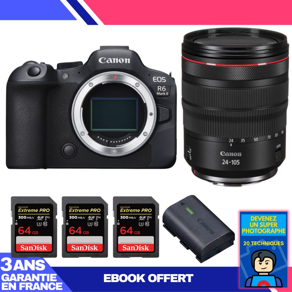 Canon EOS R6 Mark II + RF 24-105mm f/4 L IS USM + 3 SanDisk 64GB Extreme PRO UHS-II SDXC 300MB/s + 1 Canon LP-E6NH + Ebook 'Devenez Un Super Photographe