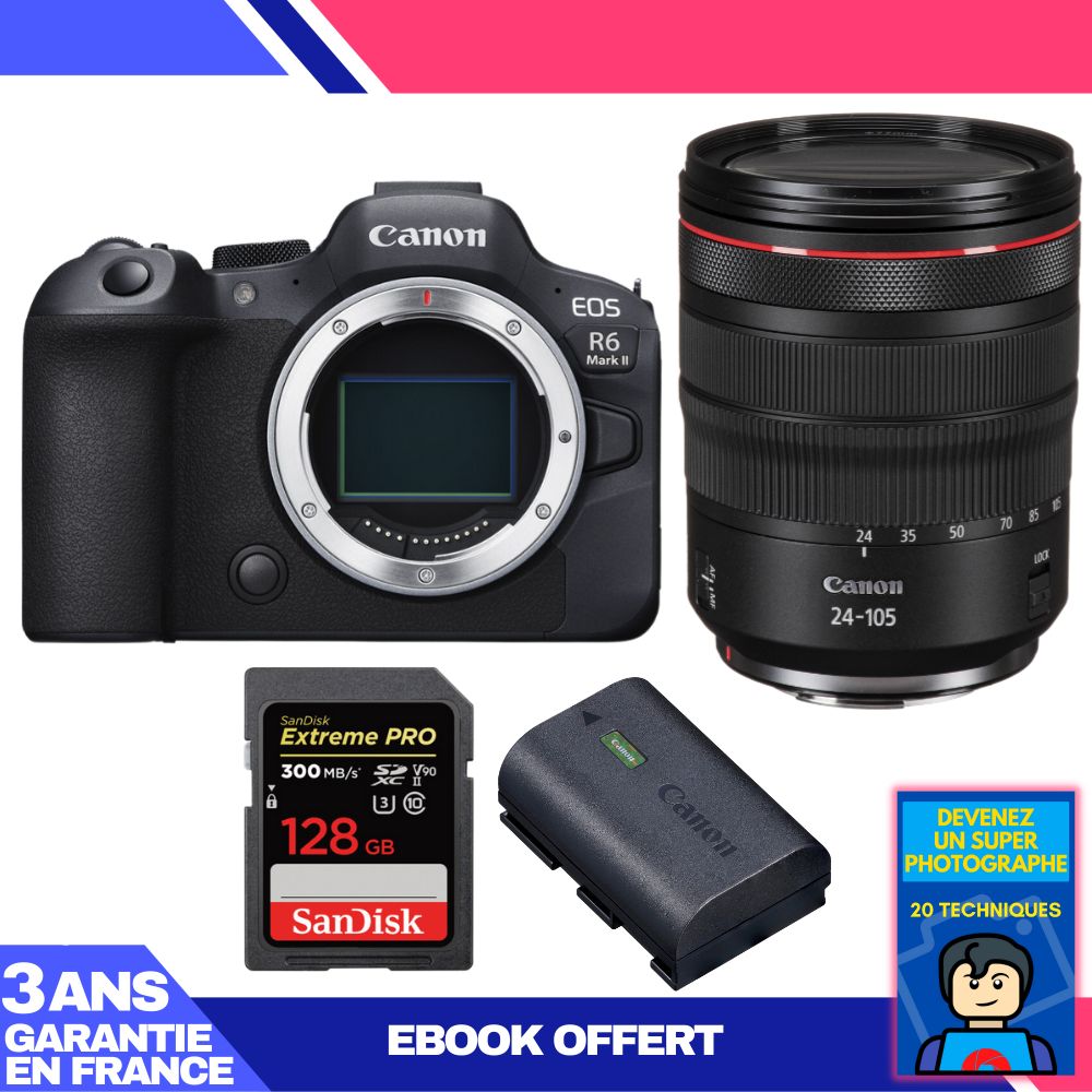 Canon EOS R6 Mark II Kit with RF 24-105mm f/4 L IS USM + 1 SanDisk 128GB Extreme PRO UHS-II SDXC Card + 1 Canon LP-E6NH