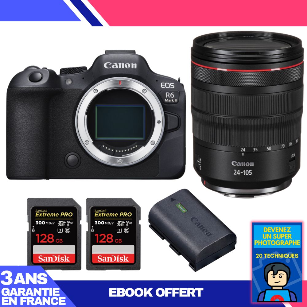 Canon EOS R6 Mark II + RF 24-105mm f/4 L IS USM Lens + 2 SanDisk 128GB Extreme PRO UHS-II SDXC Cards + Canon LP-E6NH Battery + 'Become a Super Photographer' Ebook