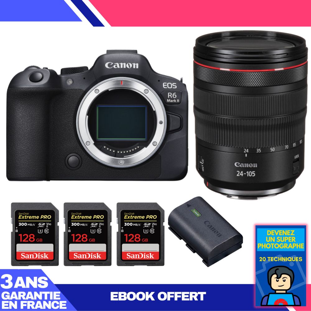 Canon EOS R6 Mark II + RF 24-105mm f/4 L IS USM Lens + 3x SanDisk 128GB Extreme PRO UHS-II SDXC Cards + Canon LP-E6NH + Ebook - Become a Super Photographer