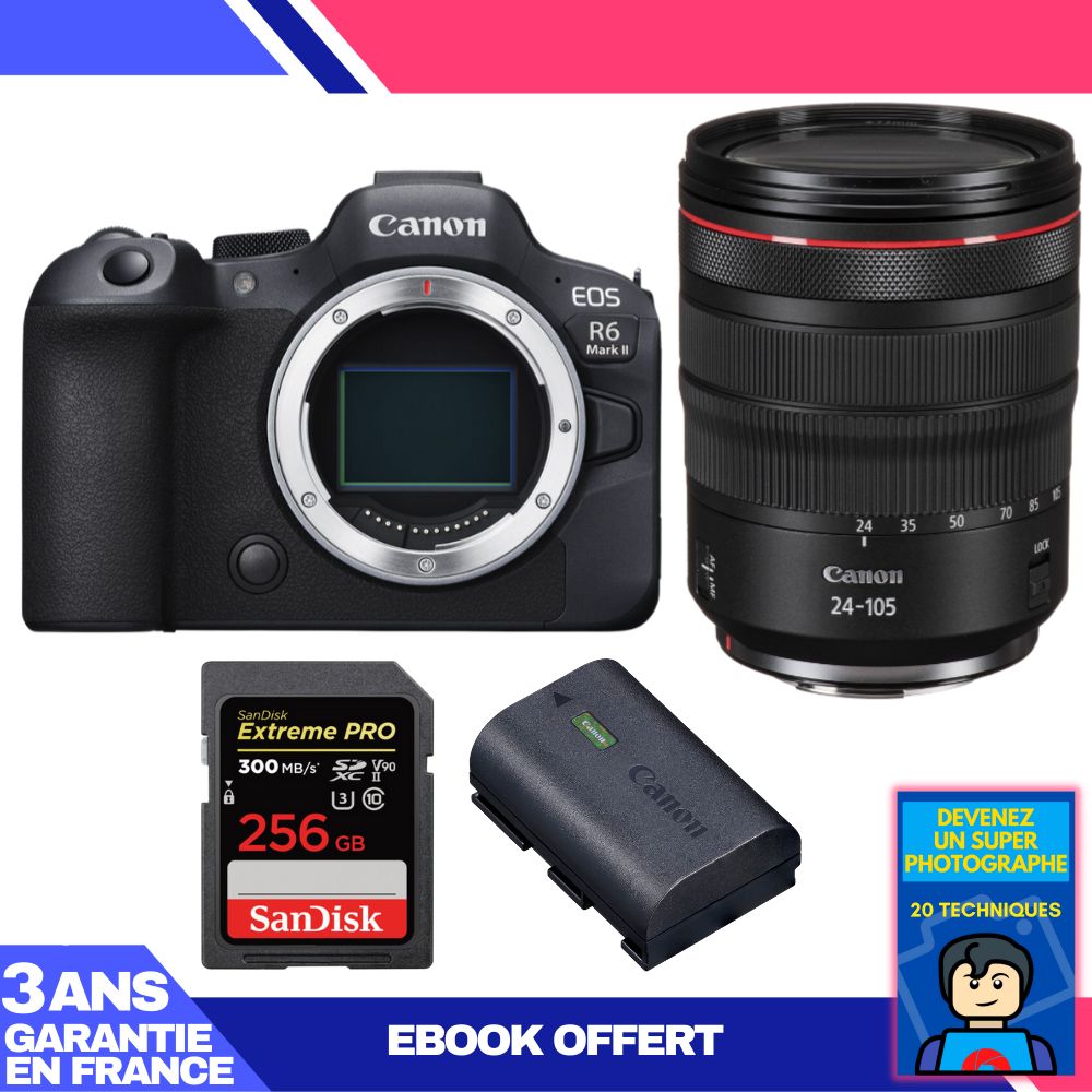 Canon EOS R6 Mark II + RF 24-105mm f/4 L IS USM Lens + 2 SanDisk 256GB Extreme PRO UHS-II SDXC Cards + Canon LP-E6NH Battery + 'Become a Super Photographer' Ebook