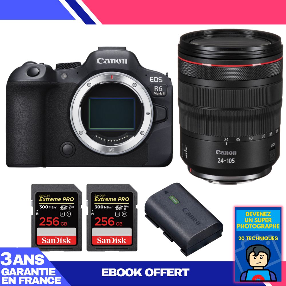 Canon EOS R6 Mark II + RF 24-105mm f/4 L IS USM Lens + 2 SanDisk 256GB Extreme PRO UHS-II SDXC Cards + Canon LP-E6NH Battery + 'Become a Super Photographer' Ebook