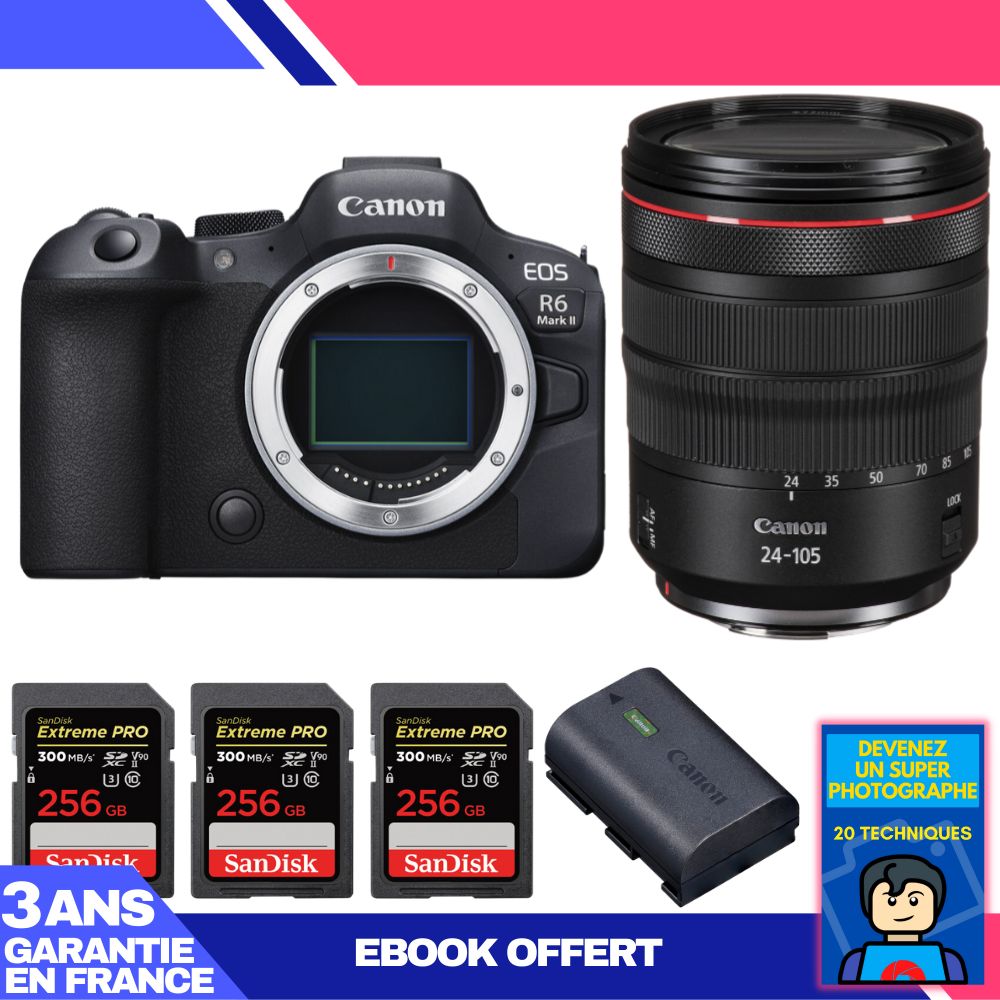 Canon EOS R6 Mark II + RF 24-105mm f/4 L IS USM Lens + 3 SanDisk 256GB Extreme PRO UHS-II SDXC Cards + Canon LP-E6NH Battery + 'Become a Super Photographer' Ebook