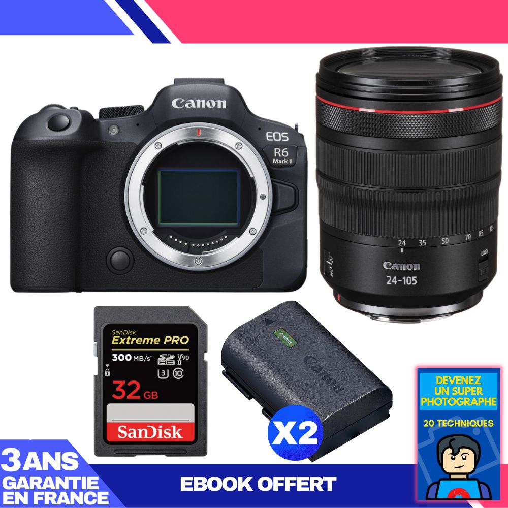Canon EOS R6 Mark II Camera Kit with RF 24-105mm f/4 L IS USM Lens + SanDisk 32GB Extreme PRO SDXC Card + 2 Canon LP-E6NH Batteries + 'Become a Master Photographer' Ebook