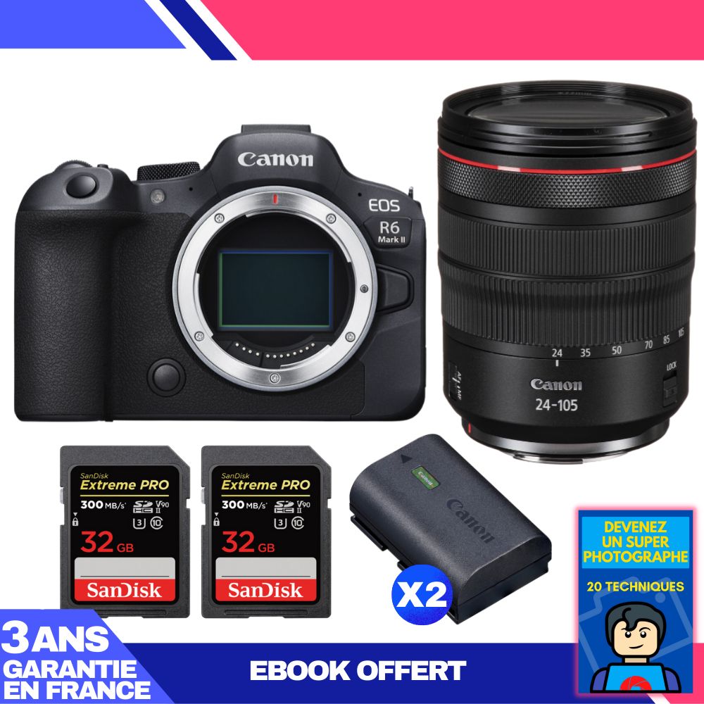 Canon EOS R6 Mark II Kit with RF 24-105mm f/4 L IS USM and 2 SanDisk 32GB Extreme PRO UHS-II SDXC Cards + 2 Canon LP-E6NH + Ebook 'Devenez Un Super Photographe'