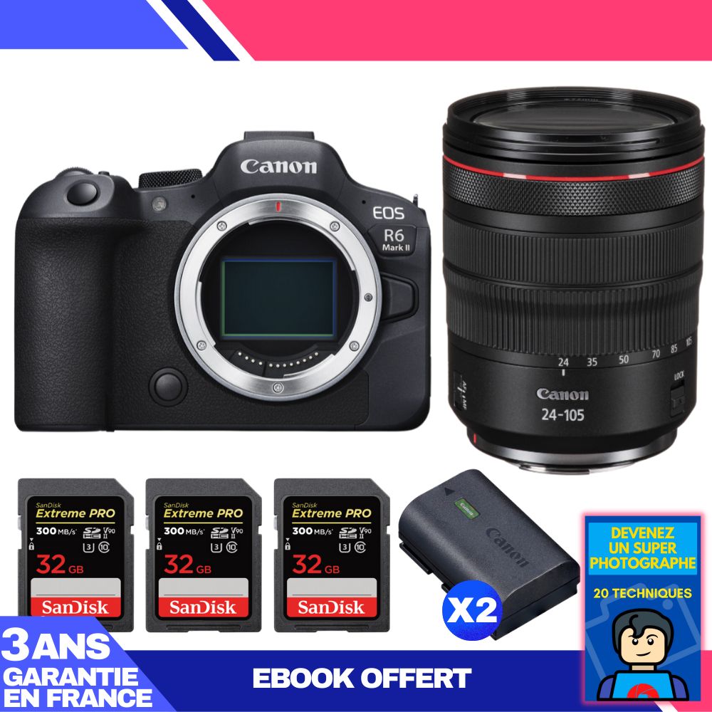 Canon EOS R6 Mark II + RF 24-105mm f/4 L IS USM Lens + 3 SanDisk 32GB Extreme PRO UHS-II SDXC Cards + 2 Canon LP-E6NH Batteries + 'Become a Super Photographer' Ebook