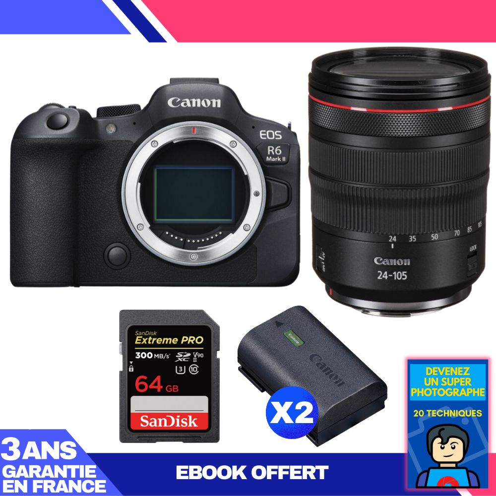 Canon EOS R6 Mark II Kit with RF 24-105mm f/4 L IS USM and SanDisk 64GB Extreme PRO UHS-II SDXC Card + 2 Canon LP-E6NH