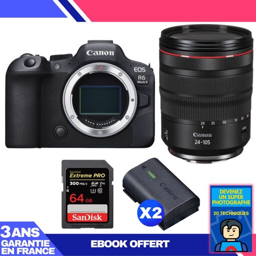 Kit Canon EOS R6 Mark II con objetivo RF 24-105mm f/4 L IS USM y tarjeta SD SanDisk de 64GB Extreme PRO UHS-II + 2 baterías Canon LP-E6NH