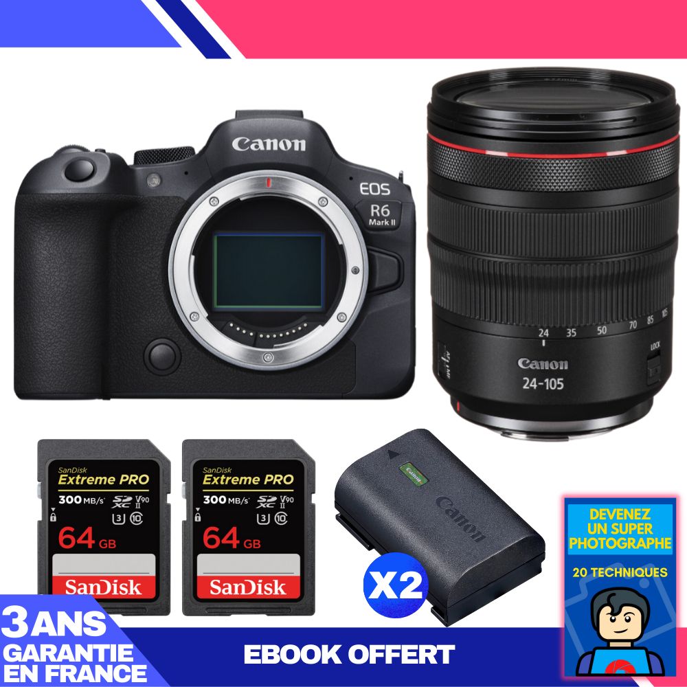 Canon EOS R6 Mark II + RF 24-105mm f/4 L IS USM + 2 SanDisk 64GB Extreme PRO UHS-II SDXC + 2 Canon LP-E6NH + Ebook 'Devenez Un Super Photographe