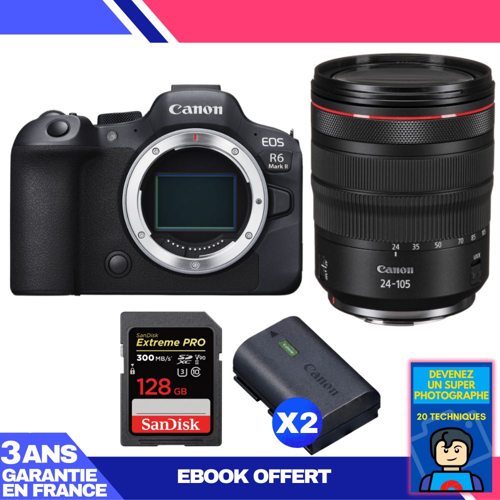 Canon EOS R6 Mark II Camera + RF 24-105mm f/4 L IS USM Lens + 1 SanDisk 128GB Extreme PRO UHS-II SDXC Card + 2 Canon LP-E6NH Batteries + 'Become a Super Photographer' Ebook
