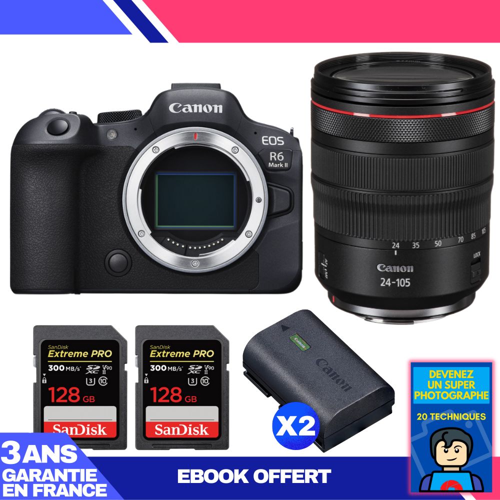 Canon EOS R6 Mark II + RF 24-105mm f/4 L IS USM Lens + 2 SanDisk 128GB Extreme PRO UHS-II SDXC Cards + 2 Canon LP-E6NH Batteries + 'Become a Super Photographer' Ebook