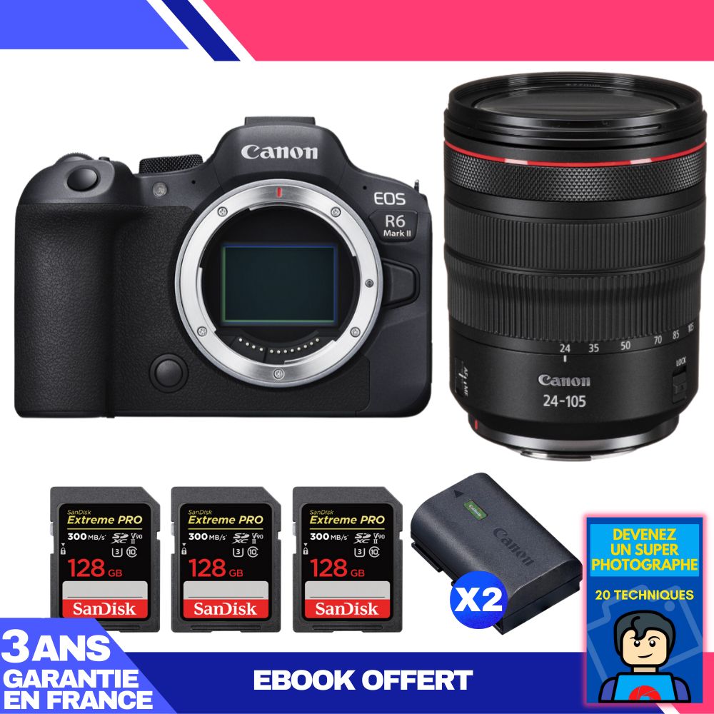 Canon EOS R6 Mark II Lens Kit with RF 24-105mm f/4 L IS USM and 3x SanDisk 128GB Extreme PRO SD Cards + 2 Canon LP-E6NH