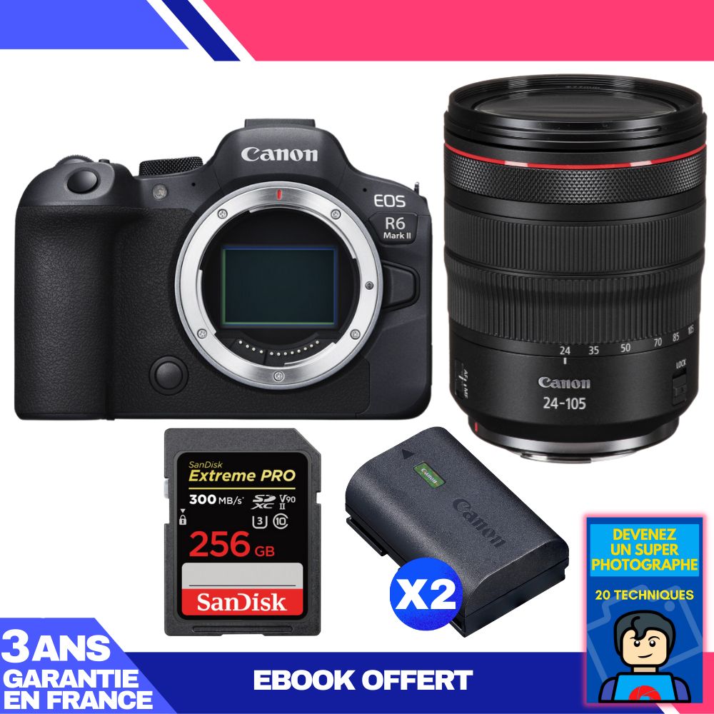 Canon EOS R6 Mark II + RF 24-105mm f/4 L IS USM + 1 SanDisk 256GB Extreme PRO UHS-II SDXC + 2 Canon LP-E6NH + Ebook 'Devenez Un Super Photographe