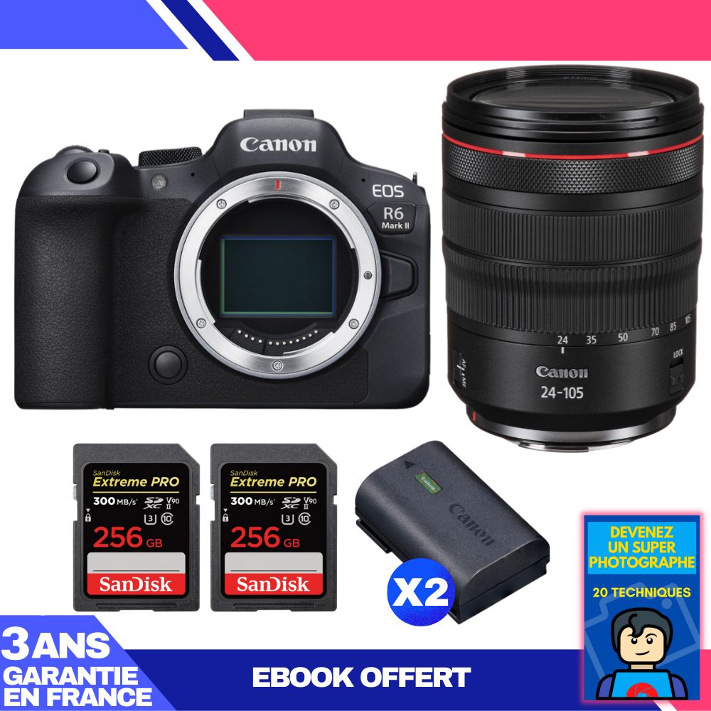 Canon EOS R6 Mark II + RF 24-105mm f/4 L IS USM + 2 SanDisk 256GB Extreme PRO UHS-II SDXC 300MB/s + 2 Canon LP-E6NH + Ebook 'Devenez Un Super Photographe'