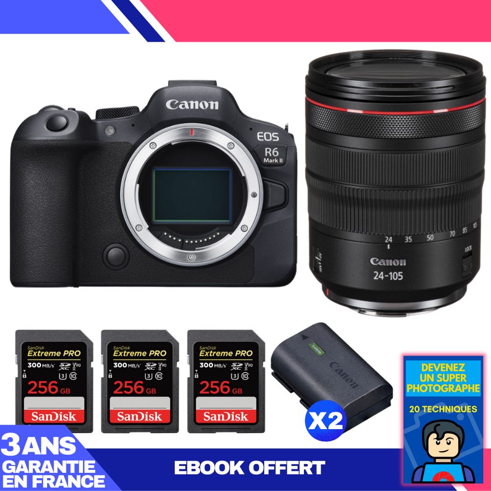 Canon EOS R6 Mark II + RF 24-105mm f/4 L IS USM + 3 SanDisk 256GB Extreme PRO UHS-II SDXC + 2 Canon LP-E6NH + Ebook