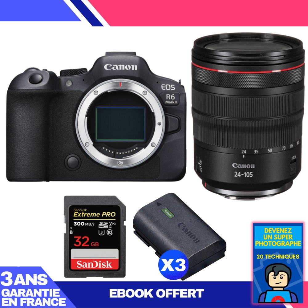 Canon EOS R6 Mark II + RF 24-105mm f/4 L IS USM Lens + 1 SanDisk 32GB Extreme PRO UHS-II SDXC Card + 3 Canon LP-E6NH Batteries + 'Become a Super Photographer' Ebook
