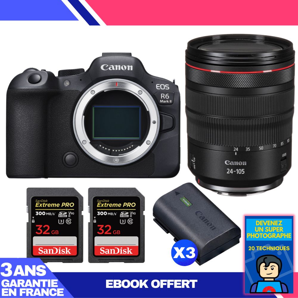 Canon EOS R6 Mark II Camera Kit with RF 24-105mm f/4 L IS USM Lens + 2 SanDisk 32GB Extreme PRO UHS-II SDXC Memory Cards + 3 Canon LP-E6NH Batteries + 'Become a Super Photographer' Ebook