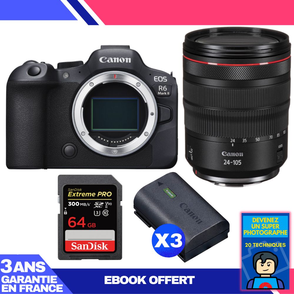 Canon EOS R6 Mark II + RF 24-105mm f/4 L IS USM + 1 SanDisk 64GB Extreme PRO UHS-II SDXC Card + 3 Canon LP-E6NH + Ebook 'Devenez Un Super Photographe',